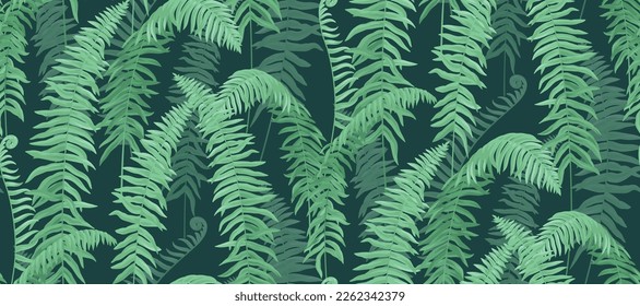 Vintage seamless pattern with tropical plants. Jungle fern. Leaves in realistic style. Vector botanical illustration. Hawaiian foliage design.