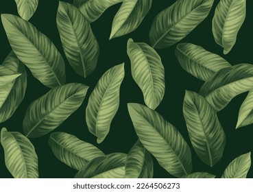 Vintage seamless pattern with tropical plants. Foliage background. Palm leaves in realistic style. Vector botanical illustration. Hawaiian summer design.