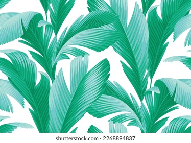 Patrón inmaculado con plantas tropicales. Fondo de flotación. Hojas de palma con un estilo realista. Ilustración botánica vectorial. Diseño hawaiano de verano.