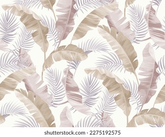 Vintage seamless pattern with tropical plants. Palm leaves in realistic style. Vector botanical illustration. Foliage design for wallpaper, wedding invitation and greeting card.