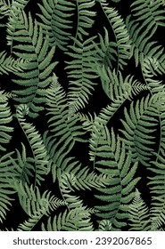 Vintage seamless pattern with tropical plants. Jungle fern. Leaves in realistic style. Vector botanical illustration. Hawaiian foliage design.