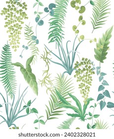 Vintage nahtlose Muster mit tropischen Pflanzen. Jungle Farn und Palmenblätter im realistischen Stil. Vektorbotanische Illustration. Hawaiianisches Blattdesign.