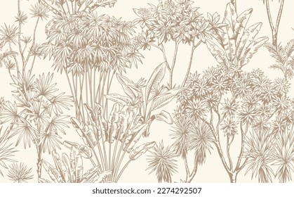 Vintage seamless pattern with tropical trees. Monochrome botanical illustration. Vector foliage design in linear stile.