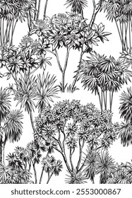 Padrão sem emenda vintage com árvores tropicais. Ilustração botânica monocromática. Projeto de folhagem vetorial em estilo linear.