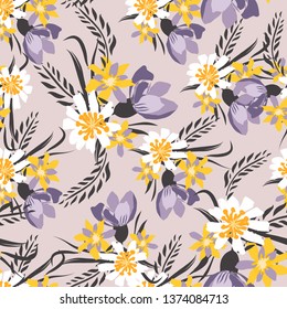 Vintage Seamless pattern with tulips flowers. Hand drawing violet illustration with wild floral for fashion ,fabric, and all prints on pastel background colors. Vector