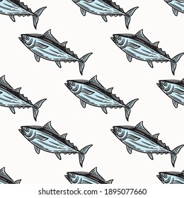 vintage seamless Pattern of tuna fish on white background