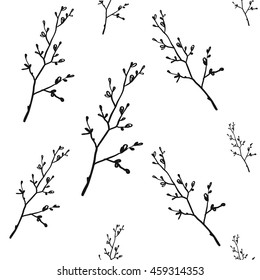 Vintage seamless pattern with twig. Background for eco forest autumn celebrations. Black floral rustic symbols on white hand drawing style.