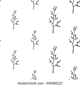 Vintage seamless pattern with twig. Background for eco forest autumn celebrations. Black floral rustic symbol on white hand drawing style.