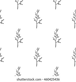 Vintage seamless pattern with twig. Background for eco forest autumn celebrations. Black floral rustic symbols on white hand drawing style.