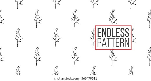 Vintage seamless pattern with twig. Background for eco forest wedding or autumn celebrations. Black floral rustic symbols and elements on white hand drawing style.