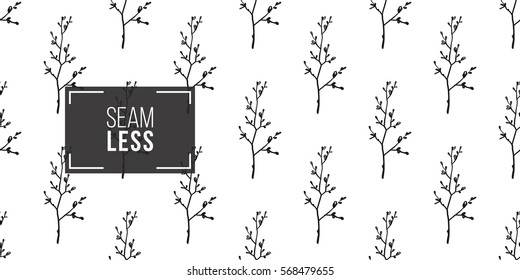 Vintage seamless pattern with twig. Background for eco forest wedding or autumn celebrations. Black floral rustic symbols and elements on white hand drawing style.