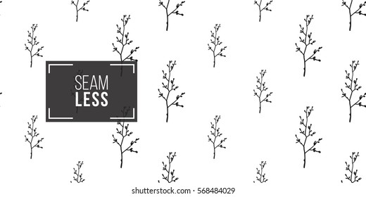 Vintage seamless pattern with twig. Background for eco forest wedding or autumn celebrations. Black floral rustic symbols and elements on white hand drawing style.