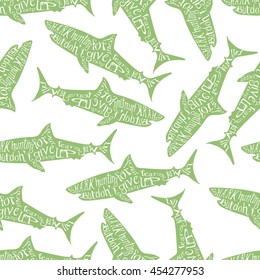 Vintage seamless pattern with typography monochrome shark silhouette, and hand drawn style font. Vector Illustration lettering background.