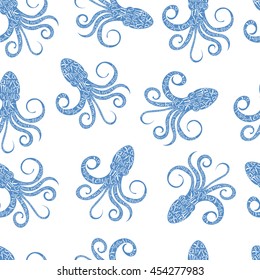 Vintage seamless pattern with typography monochrome octopus silhouette, and hand drawn style font. Vector Illustration lettering background.