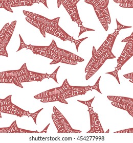 Vintage seamless pattern with typography monochrome shark silhouette, and hand drawn style font. Vector Illustration lettering background.