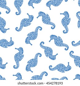 Vintage seamless pattern with typography monochrome seahorse silhouette, and hand drawn style font. Vector Illustration lettering background.