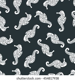 Vintage seamless pattern with typography monochrome seahorse silhouette, and hand drawn style font. Vector Illustration lettering background.