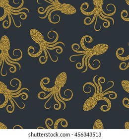 Vintage seamless pattern with typography monochrome octopus silhouette, and hand drawn style font. Vector Illustration lettering background.