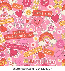 Vintage seamless pattern for Valentine's Day with sticker labels, cartoon characters and hearts. Trendy retro funny background with patches, tags and quotes. Y2K, 90s, 70s style.