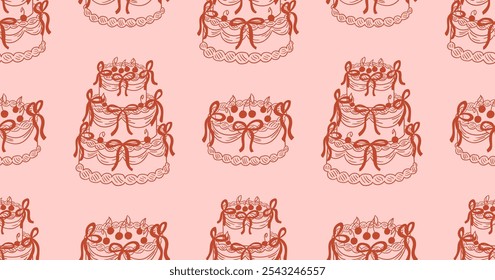 Vintage seamless pattern with various cakes, ribbons and cherries. Vector background in sketch style. Holiday clipart in retro coquette aesthetic