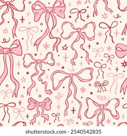 Vintage seamless pattern with various red and pink bow knots and gift bows, ribbons. Cute holiday background, wedding celebration, party decoration, present concept. Hand drawn vector illustration.