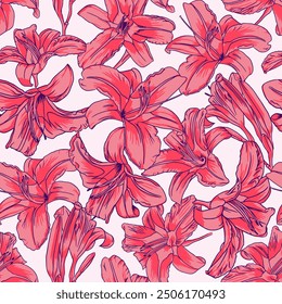 Vintage seamless pattern. Vector drawing of lily flowers. Asian motifs for fashion, interior, cover, textile, packaging, album, background