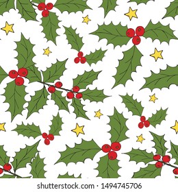 Vintage seamless pattern with vector holly pattern for paper design. Happy new year decoration. Vector graphic. Vector festive illustration. Holly berry christmas icon. Season greeting.