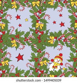 Vintage seamless pattern with vector holly pattern for paper design. Happy new year decoration. Vector graphic. Vector festive illustration. Holly berry christmas icon. Season greeting.