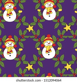 Vintage seamless pattern with vector holly pattern for paper design. Happy new year decoration. Vector graphic. Vector festive illustration. Holly berry christmas icon. Season greeting.