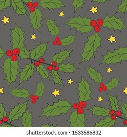 Vintage seamless pattern with vector holly pattern for paper design. Happy new year decoration. Vector graphic. Vector festive illustration. Holly berry christmas icon. Season greeting.