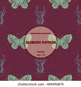 Vintage seamless pattern. Vector sketch of butterfly and stag beetle. Hand drawn illustration in graphic style.