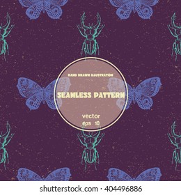 Vintage seamless pattern. Vector sketch of butterfly and stag beetle. Hand drawn illustration in graphic style.