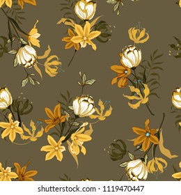 Vintage Seamless pattern vector with tulips flowers. Hand drawing illustration with wild floral for fashion ,fabric, and all prints on brown background colors.