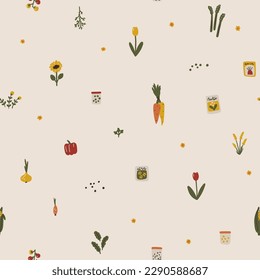 Vintage seamless pattern of vegetables, greens, flowers and seeds in simple minimalistic hand drawn doodle style. Cartoon vector illustration of farming in a muted pastel palette on a beige background