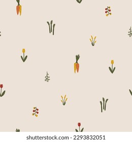 Vintage seamless pattern of vegetables, greens, flowers in simple minimalistic hand drawn doodle style. Cartoon vector illustration of farming in a muted pastel palette on a beige background