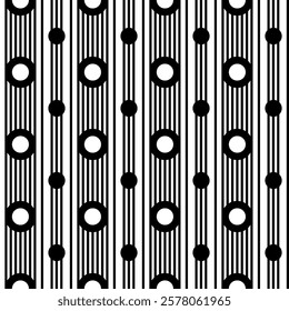 Vintage seamless pattern with vertical black stripes and black and white circles. Abstract geometric background. Collection of creative high contrast prints for fabric, packing, cover. Vector.