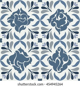 Vintage seamless pattern with Victorian motif, TILE, shades of Blue. Classic tile pattern with abstract floral decorative elements inside