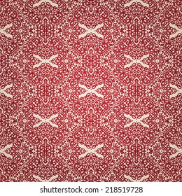 Vintage seamless pattern in Victorian style. Lacy ornament in retro style. Red brocade background. Ornamental backdrop and ornate floral decor for wallpaper. Endless texture.