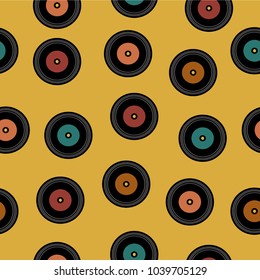 Vintage seamless pattern with vinyl record on mustard background, vector illustration