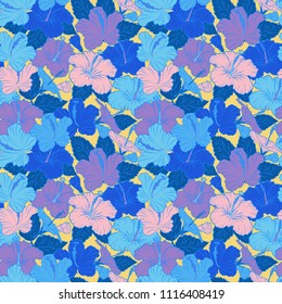 Vintage seamless pattern in violet and blue colors. Hand written vector hibiscus flowers, stamps, keys.