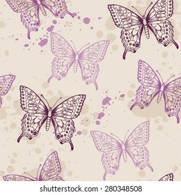 Vintage seamless pattern with violet butterflies and blots