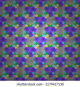 Vintage seamless pattern in violet, gray and green colors. Hand written vector rose flowers and green leaves, stamps, keys.
