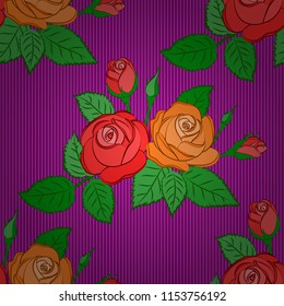 Vintage seamless pattern in violet, purple and green colors. Hand written vector rose flowers and green leaves, stamps, keys.