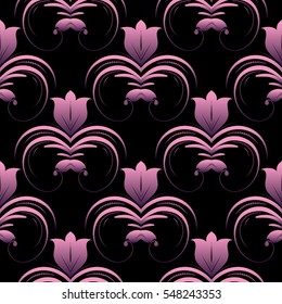 Vintage seamless pattern wallpaper illustration with decorative violet flowers, leaves and beautiful flowery ornaments.Floral black ornate background.