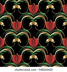 Vintage  seamless pattern wallpaper illustration with decorative red 3d tulips flowers, green and gold leaves and beautiful flowery ornaments.Floral black  ornate background.