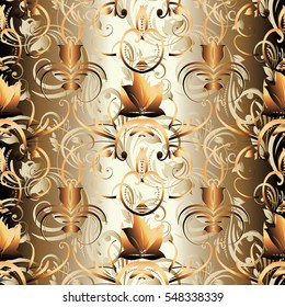 Vintage seamless pattern wallpaper illustration with decorative gold abstract 3d flowers,leaves and flowery damask ornaments in victorian style.Floral ornate gold background.Vector endless texture