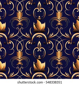 Vintage seamless pattern wallpaper illustration with decorative gold abstract 3d flowers,leaves and  flowery damask ornaments in victorian style.Floral  ornate blue background.Vector endless texture