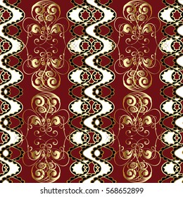 Vintage seamless pattern  wallpaper illustration with antique decorative striped waves and floral line art swirl gold ornaments.Red ornate background. Vector luxury fabric texture.