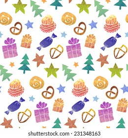 Vintage seamless pattern. Watercolor paint. Holiday theme. Can be used as decoration for the gift boxes, wallpapers, backgrounds, web sites. 