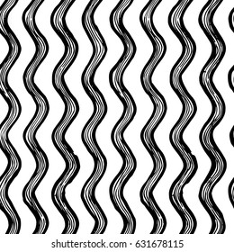 Vintage seamless pattern with wavy stripes. Vector illustration in ink hand drawn style. Repeating black and white background.